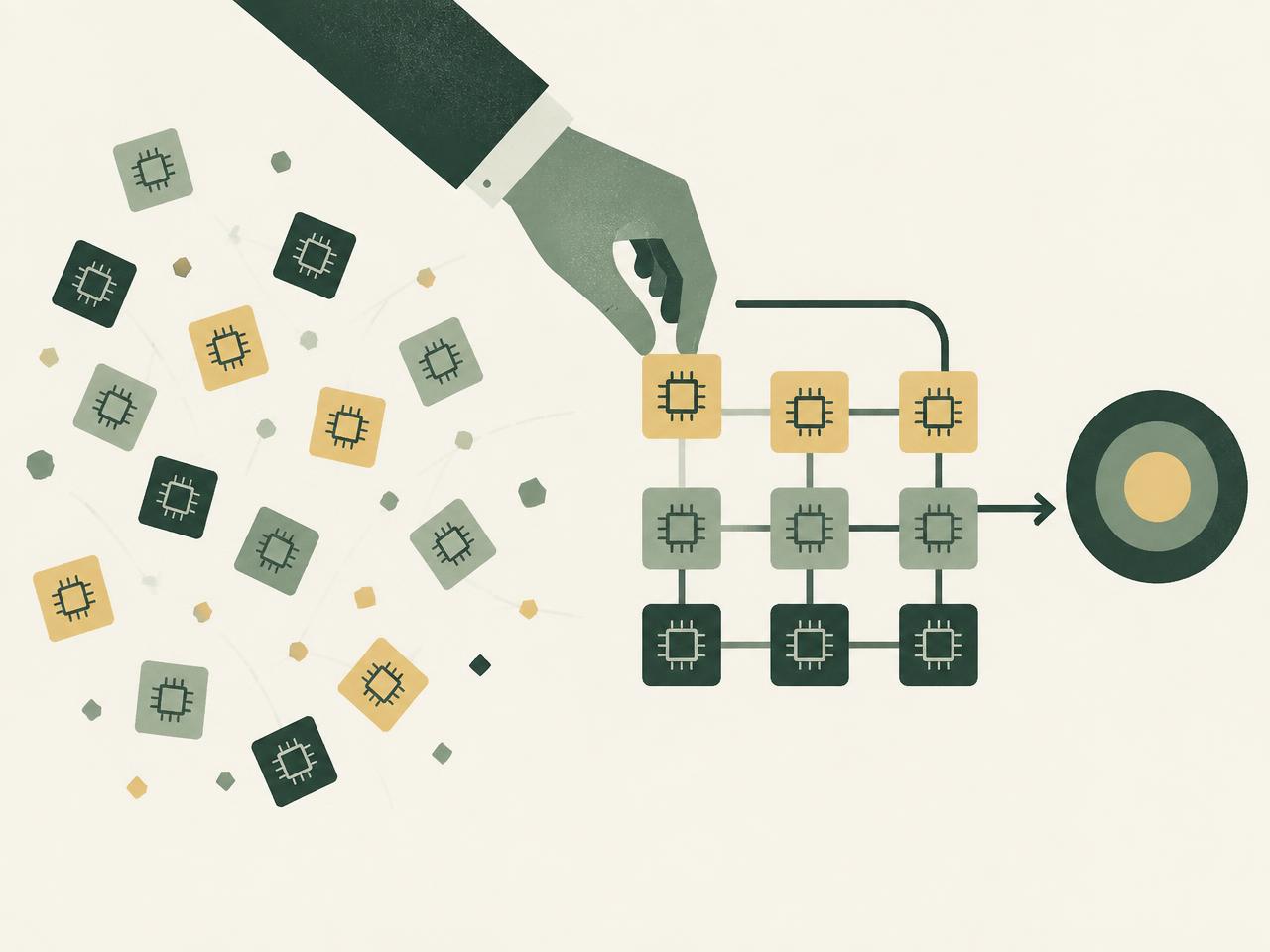 Illustration: spridda AI-prototyper som organiseras till ett sammanhängande system med gemensamt mål